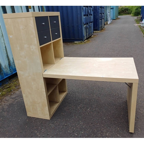 263 - BEECH WOOD DESK WITH 4 DRAWERS & OPEN SHELVES