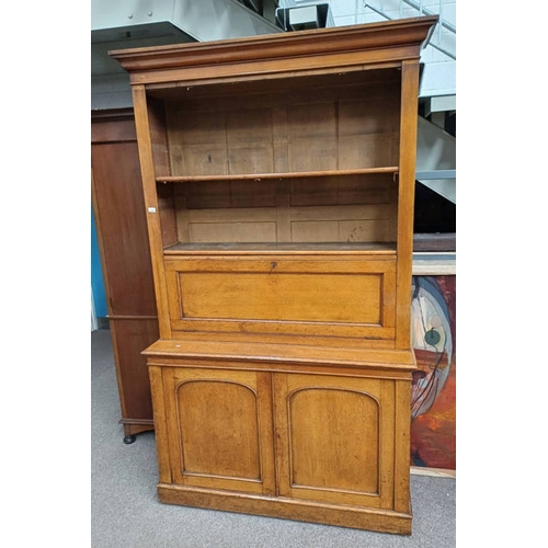 264 - LATE 19TH CENTURY OAK SECRETAIRE BOOKCASE WITH OPEN SHELVES OVER FALL FRONT OVER BASE WITH 2 PANEL D... 