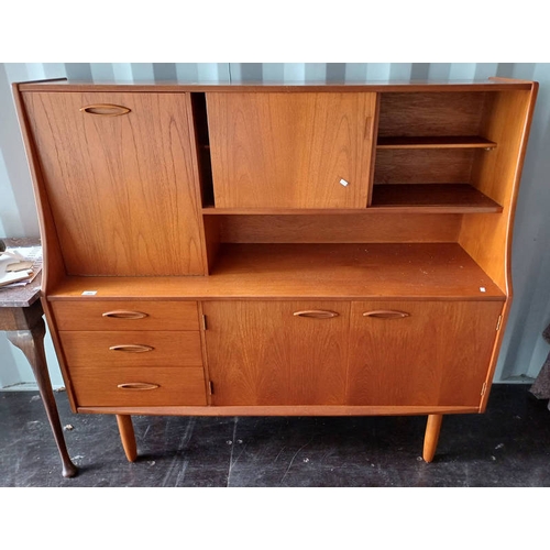 266 - TEAK SIDEBOARD WITH FALL FRONT & 2 SLIDING PANEL DOORS OVER BASE WITH 3 DRAWERS & 2 PANEL DOORS