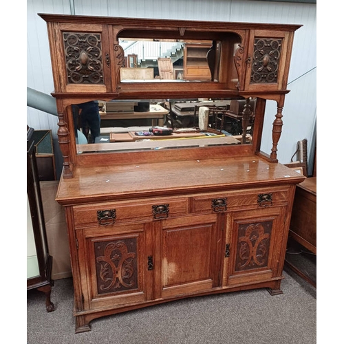 277 - LATE 19TH CENTURY OAK SIDEBOARD WITH MIRROR BACK WITH 2 STAINED GLASS PANEL DOORS OVER BASE WITH 2 D... 