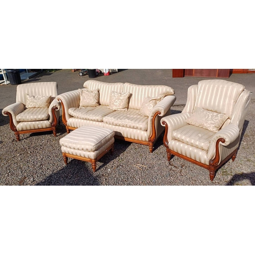 279 - OAK FRAMED 3 PIECE LIVING ROOM SUITE WITH GOLD STRIPPED PATTERN AND MATCHING FOOTSTOOL.