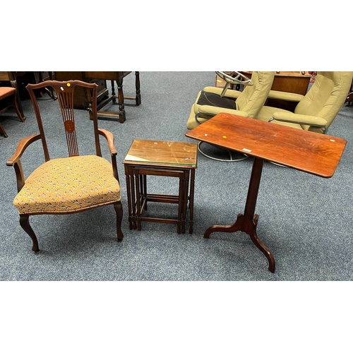 28 - EARLY 20TH CENTURY INLAID MAHOGANY OPEN ARMCHAIR ON SHAPED SUPPORTS, MAHOGANY PEDESTAL TABLE ETC - 3... 