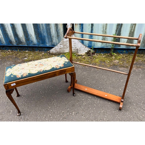 294 - 20TH CENTURY BEECH RECTANGULAR STOOL WITH FLORAL TAPESTRY TOP ON QUEEN-ANNE SUPPORTS & MAHOGANY TOWE... 