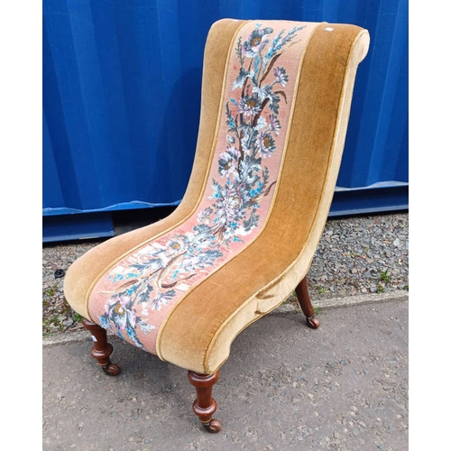 295 - 19TH CENTURY MAHOGANY FRAMED LIBRARY CHAIR WITH VICTORIAN GLASS BEAD FLORAL TAPESTRY ON TURNED SUPPO... 