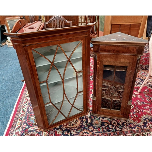 297 - LATE 19TH CENTURY INLAID OAK & MAHOGANY CORNER CABINET WITH SINGLE ASTRAGAL GLASS PANEL DOOR & ONE O... 