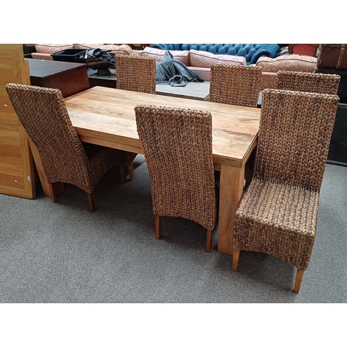 300 - MANGO WOOD RECTANGULAR DINING TABLE AND SET OF 6 ROPEWORK DINING CHAIRS. TABLE 178 CM LONG