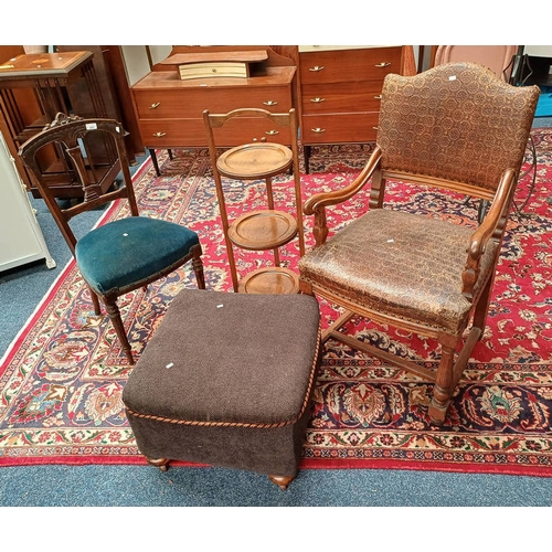 301 - OAK FRAMED OPEN ARMCHAIR WITH EMBOSSED LEATHER BACK & SEAT, OAK FOLDING CAKE STAND, ETC - 4 PIECES