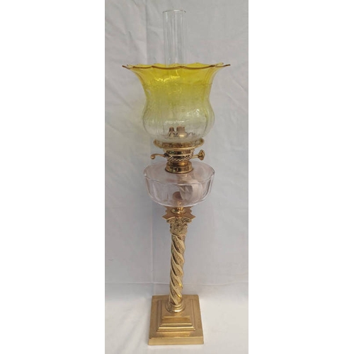 3010 - LATE 19TH CENTURY OR EARLY 20TH CENTURY PARAFFIN LAMP WITH BRASS CORINTHIAN COLUMN, CUT GLASS BOWL &... 