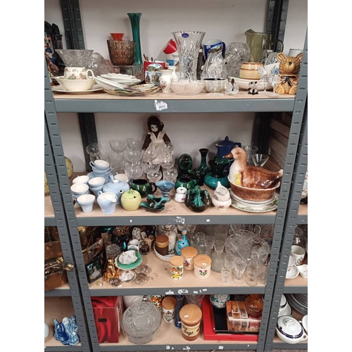 3011 - SELECTION BLUE MOUNTAIN POTTERY, VARIOUS CUT GLASS, PORCELAIN ETC OVER 4 SHELVES