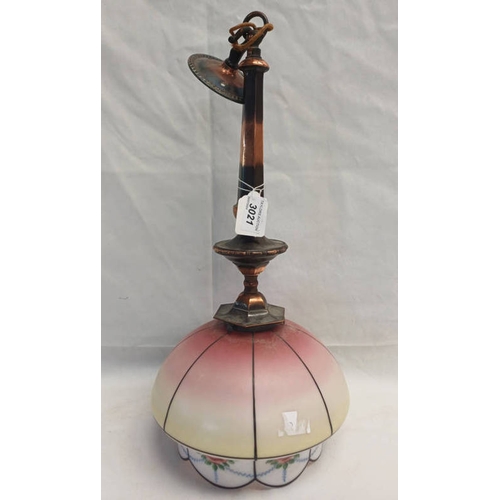 3021 - ARTS & CRAFTS STYLE CENTRE LIGHT FITTING WITH PINK & FLORAL BOWL.