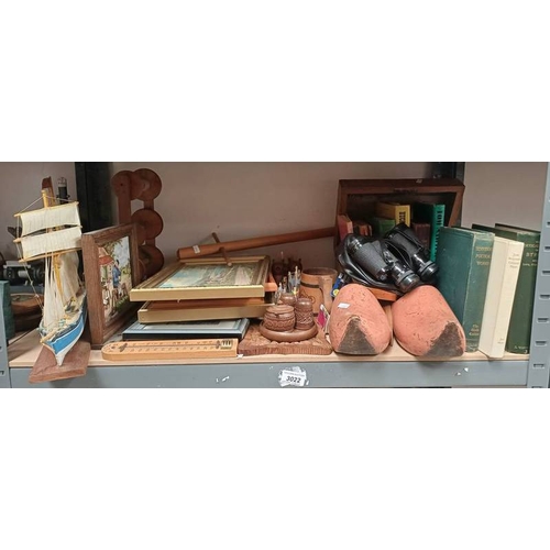 3022 - OIL PAINTING NEAR MORAR SIGNED W RUSSELL, BINOCULARS, PAIR OF WOODEN CLOGS, VARIOUS VOLUMES BOOKS, W... 