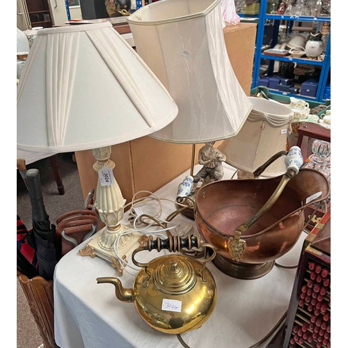 3024 - PORCELAIN TABLE LAMP & 2 OTHER & EARLY 20TH CENTURY BRASS TODDY KETTLE AND COPPER COAL BOX.