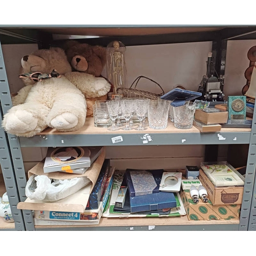 3028 - STERLING SILVER FRAME, 2 LEATHER SPORRANS, 2 TEDDY BEARS, VARIOUS CRYSTAL GLASSES, VARIOUS PORCELAIN... 