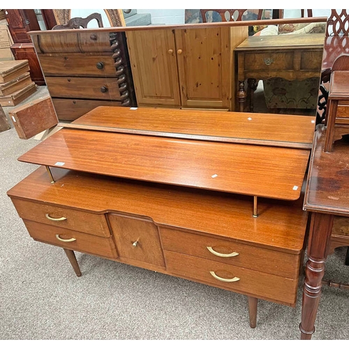 303 - TEAK DRESSING TABLE WITH MIRROR OVER CENTRALLY SET SINGLE SHORT DRAWER FLANKED ON EACH SIDE BY 2 LON... 