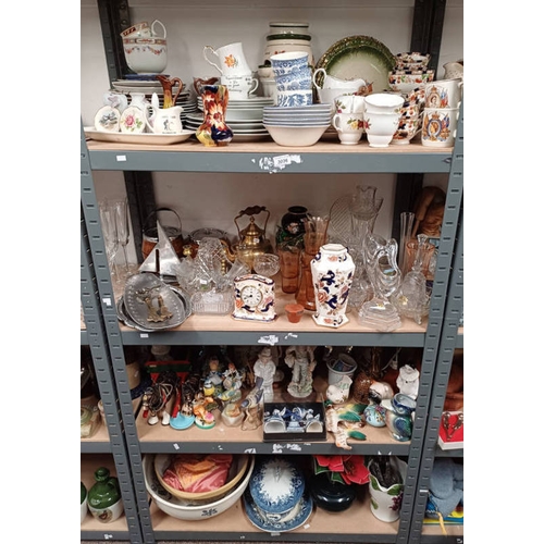 3036 - VARIOUS CORONATION WARE, PORCELAIN FIGURES, BOWLS, MASONS MANDALAY PORCELAIN CLOCK & VASE. BRASSWARE... 