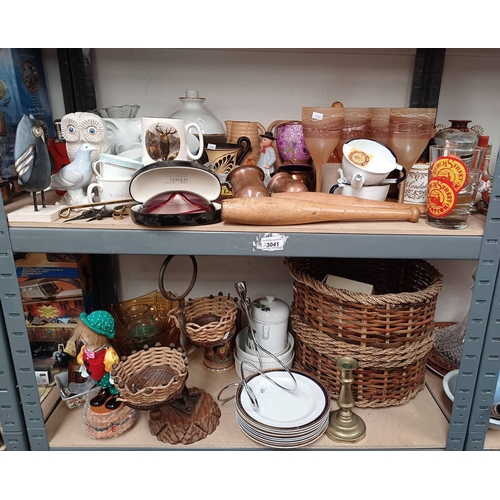 3041 - VARIOUS PORCELAIN & GLASSWARE BASKET WARE ETC OVER 2 SHELVES