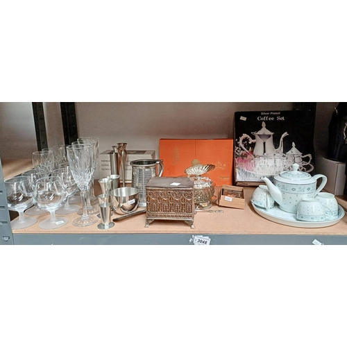 3048 - SILVER PLATED BOX & VARIOUS OTHER SILVER PLATED WARE, PORCELAIN BREAKFAST SET, CRYSTAL GLASSES ETC O... 