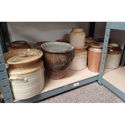 3054 - VARIOUS STONE WARE JARS ETC ON ONE SHELF