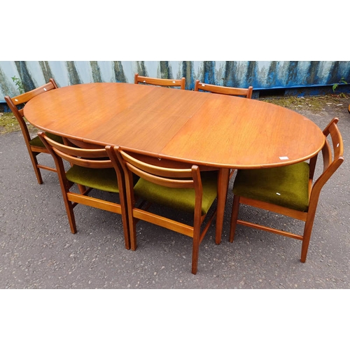 310 - TEAK PULL OUT DINING TABLE AND SET OF 6 DINING CHAIRS. TABLE LENGTH 198 CMS X WIDTH 93 CMS