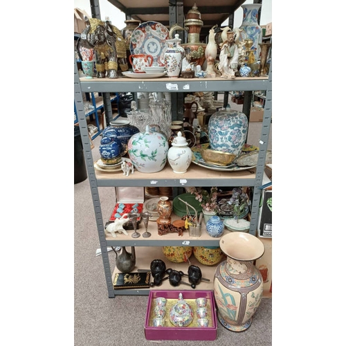 3104 - LARGE SELECTION ORIENTAL PORCELAIN WOODEN WARE, HARDSTONE METAL WARE ON 4 SHELVES