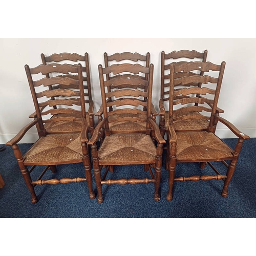 313 - SET OF 6 EARLY 20TH CENTURY ELM LADDER BACK ARMCHAIRS WITH RUSH SEATS