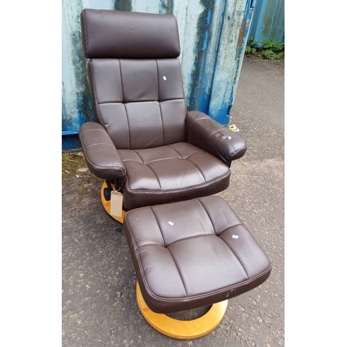 314 - BROWN SWIVEL LEATHER ARM CHAIR WITH MATCHING STOOL