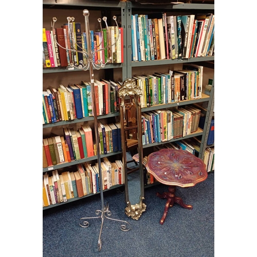 316 - PAINTED CONTINENTAL OCCASIONAL TABLE, METAL HAT TREE & SILVERED FRAMED MIRROR