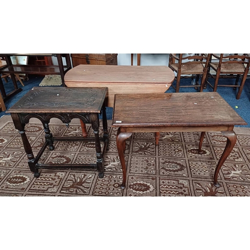 317 - 19TH CENTURY CARVED OAK RECTANGULAR TABLE ON TURNED SUPPORTS, MAHOGANY PEMBROKE TABLE, ETC  -3 PIECE... 