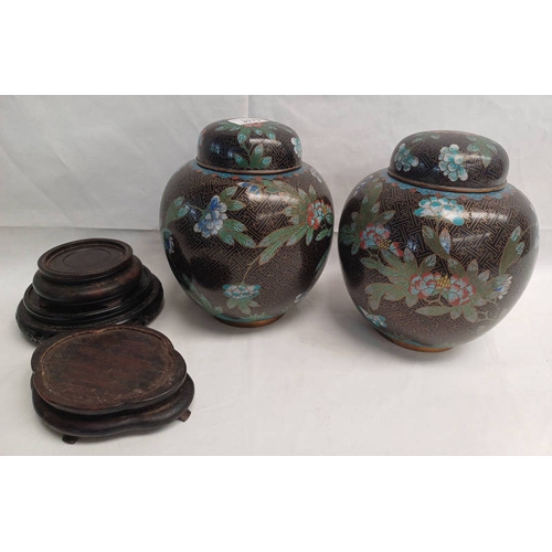 3179 - PAIR OF ORIENTAL CLOISONNE VASES WITH LIDS.  HEIGHT 22 CMS