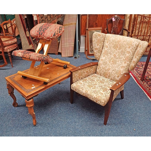 324 - ORIENTAL HARDWOOD COFFEE TABLE ON CARVED ELEPHANT SUPPORTS, PARKER KNOLL ARMCHAIR, ETC  -3 PIECES