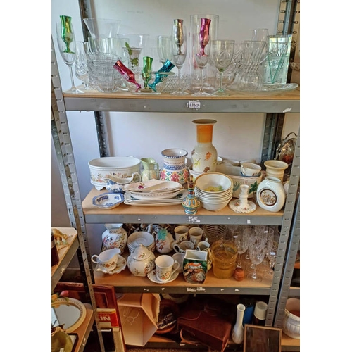 3243 - HAMMERSELY, DOULTON & OTHER PORCELAIN & GLASS INCLUDING GOEBEL VASE & CORONATION WARE ON 4 SHELVES