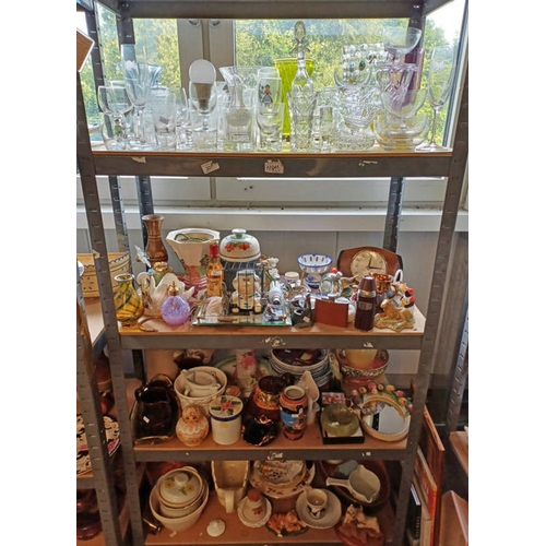 3245 - LARGE SELECTION CUT GLASS, PORCELAIN, ART GLASS, ORIENTAL WARE ETC OVER 4 SHELVES.