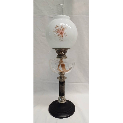 3251 - PARAFFIN LAMP ON REEDED COLUMN WITH FLORAL SHADE