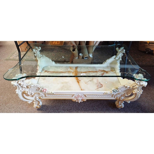 3260 - DECORATIVE OCCASSIONAL TABLE WITH SHAPED GLASS TOP BY HOUSE OF ITALY. HEIGHT 54 CMS