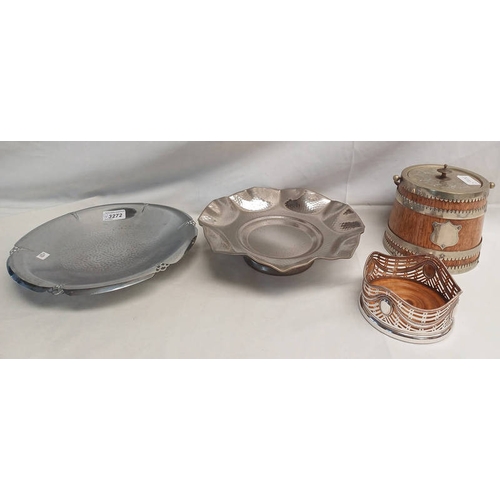 3272 - SILVER PLATED WINE, SLIDE WITH HARDWOOD BASE, 2 CIRCULAR FRUIT DISHES & SILVER PLATED MOUNTED OAK BI... 