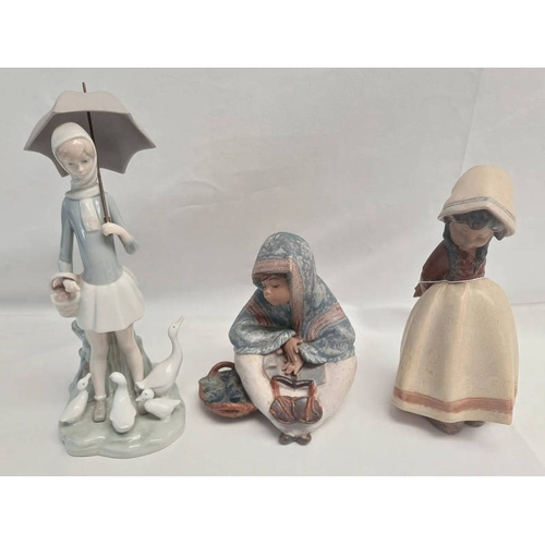 3276 - 3 PIECES LLADRO PORCELAIN. HEIGHT 19 CMS, GIRL WITH BOWL & DUTCH GIRL & GIRL WITH BROLLY