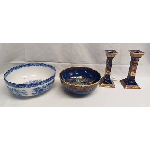 3286 - PAIR BLUE & GILT CARLTON WARE, CANDLESTICKS & BOWL, BLUE AND WHITE ABBEY BOWL