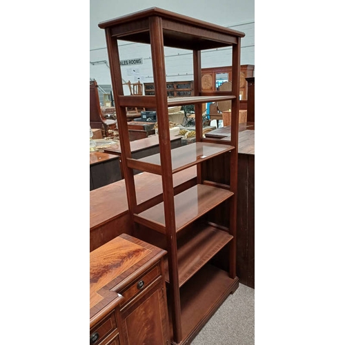 33 - LATE 20TH CENTURY MAHOGANY WHAT-NOT WITH 5 OPEN SHELVES ON BRACKET SUPPORTS.  173 CM TALL X 70 CM WI... 