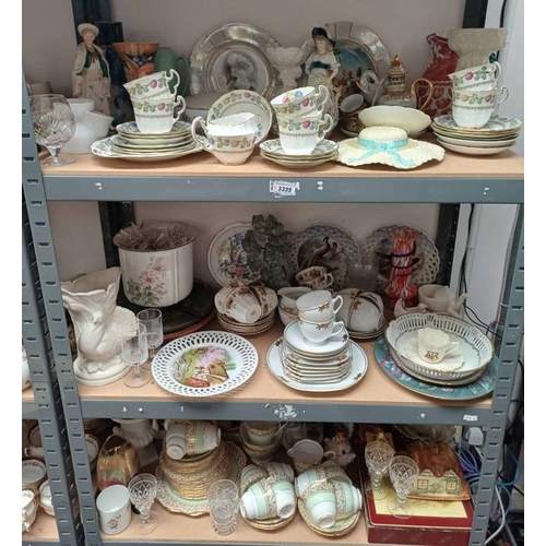 3335 - GOOD SELECTION PORCELAIN TEAWARE, CUT GLASSWARE, LACE EDGE PLATES ETC OVER 3 SHELVES