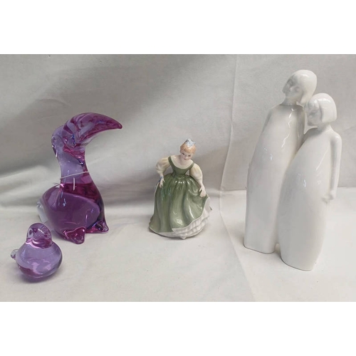 3338 - 2 ROYAL DOULTON FIGURES, FAIR MAIDEN & SISTERS, GLASS BIRD SIGNED F.H. RONNEBY , SWEDEN AND ONE SMAL... 