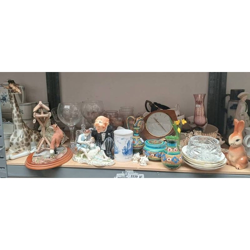 3339 - PORCELAIN GIRAFFE MADE IN USSR, VARIOUS MANTLE CLOCKS, CRYSTAL PORCELAIN ETC OVER ONE SHELF