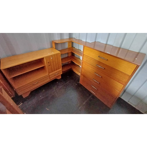 334 - TEAK 6 DRAWER CHEST, CORNER BOOKCASE, ETC - 3 PIECES