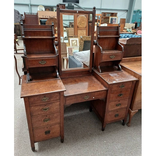 336 - LATE 19TH CENTURY OAK DRESSING TABLE WITH SWING MIRROR & 2 FRIEZE DRAWERS OVER CENTRALLY SET LONG DR... 