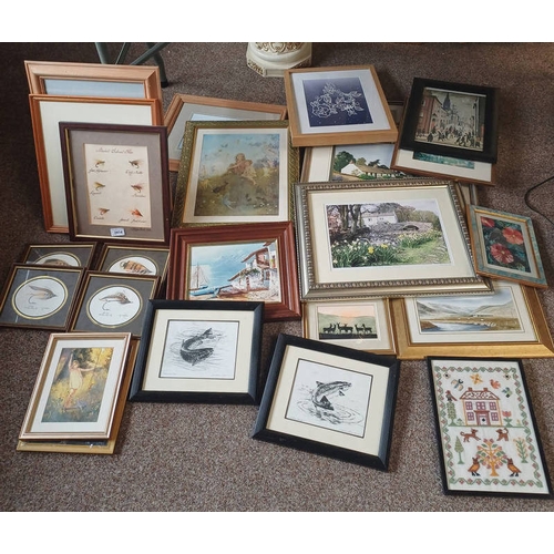 3414 - VARIOUS FRAMED WATER COLOURS, PRINTS & OTHER PICTURES OF KIRRIEMUIR & OTHER SCENES & FISHING FLY PIC... 