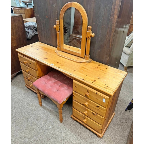 344 - PINE DRESSING TABLE WITH SWING MIRROR & 8 DRAWERS WITH MATCHING STOOL