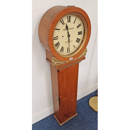 351 - PINE RAILWAY WALL MOUNTED CLOCK BY MUIRHEAD & SON, GLASGOW WITH SINGLE WEIGHT - 137 CM TALL