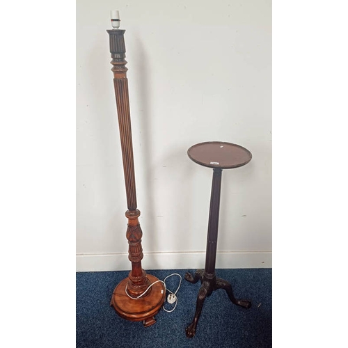 361 - MAHOGANY POT STAND WTH REEDED COLUMN ON 3 SPREADING BALL & CLAW SUPPORTS & MAHOGANY STANDARD LAMP