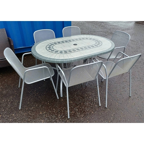 362 - OVAL GARDEN TABLE WITH METAL FRAME, LABELED ON BASE VERZALIT AUSTRIA AND SET OF 6 METAL ARMCHAIRS