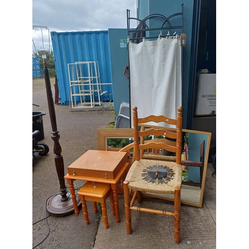 38 - PINE CHAIR WITH ROPEWORK SEAT, GILT FRAMED MIRROR & 2 OTHERS, 3 PART ROOM DIVIDER, ETC