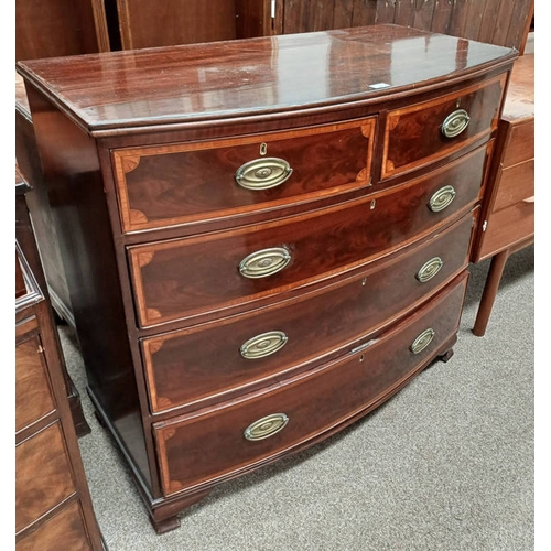 4 - 19TH CENTURY INLAID MAHOGANY BOW FRONT CHEST OF 2 SHORT OVER 3 LONG DRAWERS.  99 CM TALL X 106 CM WI... 